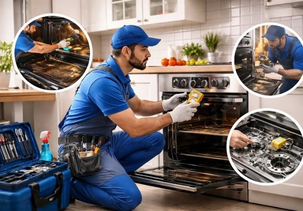 فني صيانة أفران محترف أثناء إصلاح فرن داخل مطبخ منزلي حديث